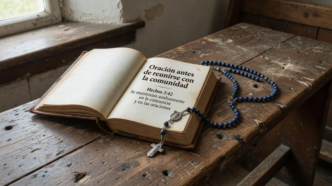Libro de oraciones en español abierto en una página con el título visible "Oración antes de reunirse con la comunidad" y el versículo de Hechos 2:42 en español: "Se mantenían asiduamente en la comunión y en las oraciones", junto al libro un rosario de cuentas medianas de color azul marino extendido con naturalidad, todo sobre un banco de madera antigua de capilla, luz natural lateral suave, sin figuras humanas, formato 16:9, atmósfera de preparación interior antes de entrar al espacio comunitario