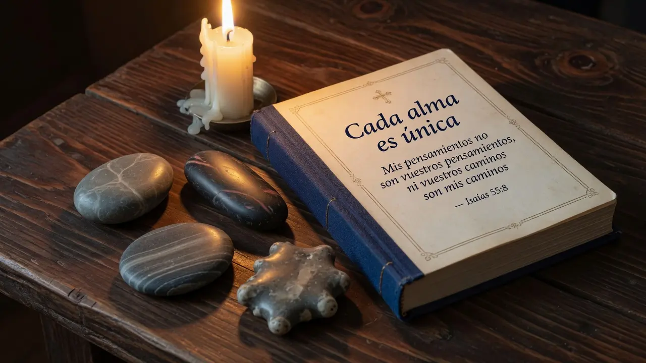 Libro de oraciones en español abierto en una página con el título visible "Cada alma es única" y el versículo de Isaías 55:8 en español: "Mis pensamientos no son vuestros pensamientos, ni vuestros caminos son mis caminos", junto al libro una colección de cuatro piedras de río de formas completamente distintas pero todas pulidas por el mismo río, una vela de cera blanca encendida al fondo proyectando luz dorada, mesa de madera oscura guatemalteca, formato 16:9, sin figuras humanas, atmósfera de singularidad que comparte el mismo origen
