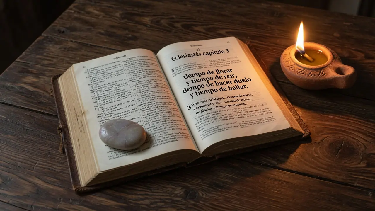 Biblia abierta en el libro del Eclesiastés mostrando el texto en español claramente legible con las palabras "tiempo de llorar y tiempo de reír" visibles en la página, junto a la Biblia una lámpara de aceite de terracota encendida con llama tranquila que proyecta luz dorada sobre las páginas, una piedra pequeña de río pulida apoyada sobre el borde de la Biblia abierta como marcador, mesa de madera oscura, formato 16:9, sin figuras humanas, atmósfera de verdad sólida que sostiene el vaivén