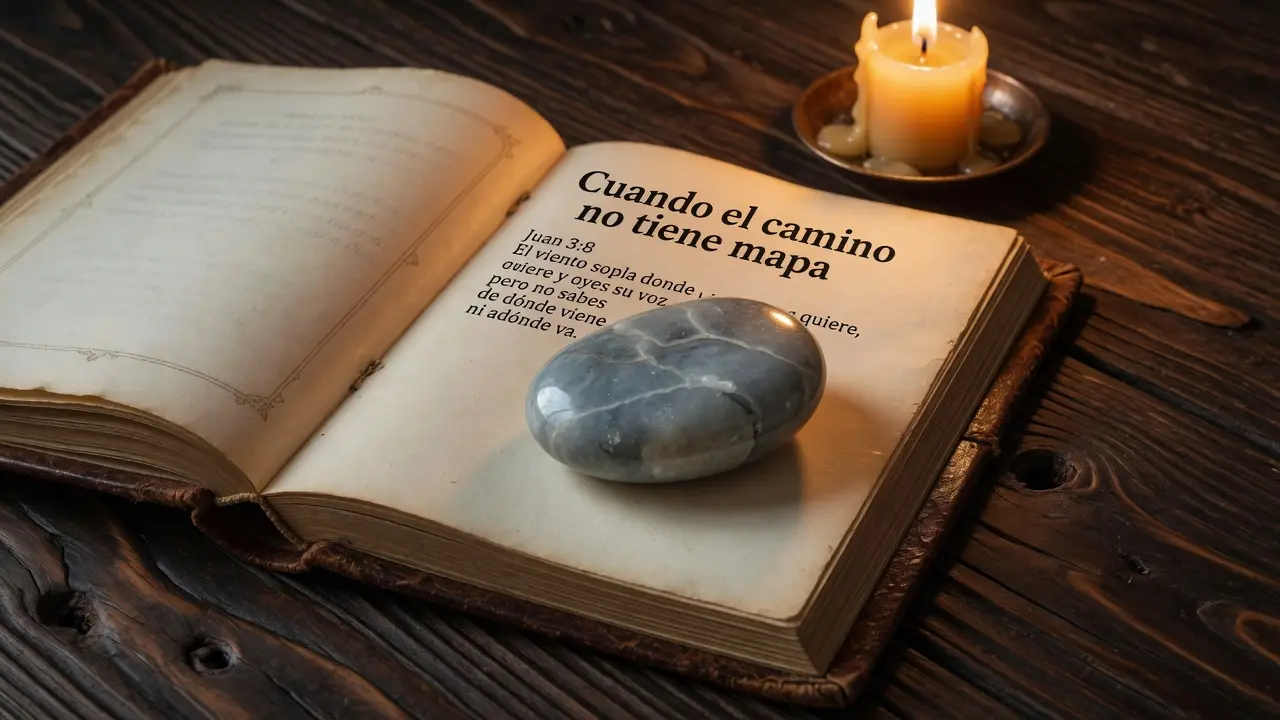 Libro de oraciones en español abierto en una página con el título visible "Cuando el camino no tiene mapa" y el versículo de Juan 3:8 en español: "El viento sopla donde quiere y oyes su voz", junto al libro una piedra grande de río perfectamente pulida con veta gris suave apoyada sobre las páginas como ancla, una vela encendida al fondo proyectando luz dorada, mesa de madera oscura guatemalteca, formato 16:9, sin figuras humanas, atmósfera de solidez en la incertidumbre del proceso