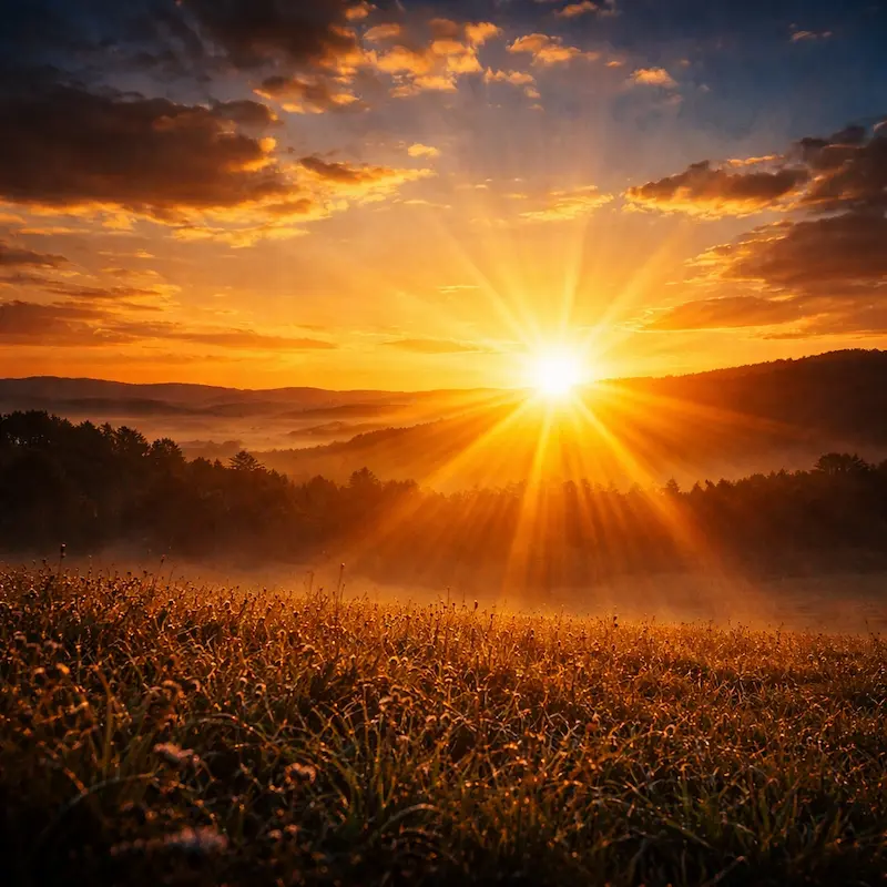 Amanecer sobre el horizonte con luz que rompe la oscuridad en tonos dorados y blancos, símbolo de la resurrección definitiva