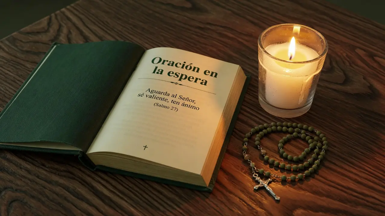 Libro de oraciones en español abierto en una página donde se lee claramente el título "Oración en la espera" y debajo el versículo del Salmo 27 en español: "Aguarda al Señor, sé valiente, ten ánimo", junto al libro una vela votiva en vaso de vidrio transparente encendida con la llama visible a través del vidrio, y un rosario de cuentas pequeñas de color verde olivo enrollado alrededor de la base del vaso de vela, mesa de madera oscura con veta visible, luz dorada cálida de la vela dominando la escena, formato 16:9, sin figuras humanas, atmósfera de espera activa y orientada