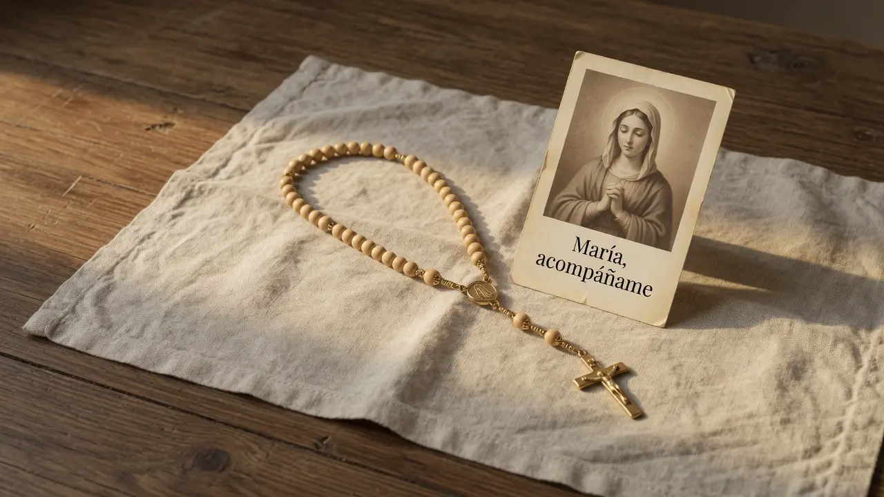 Rosario de cuentas de madera clara sobre un paño de lino beige natural con textura visible, junto a una pequeña estampa de la Virgen María en sepia con el texto en español "María, acompáñame", luz dorada suave lateral, mesa de madera oscura, formato 16:9, atmósfera de oración confiada y sin perfección requerida