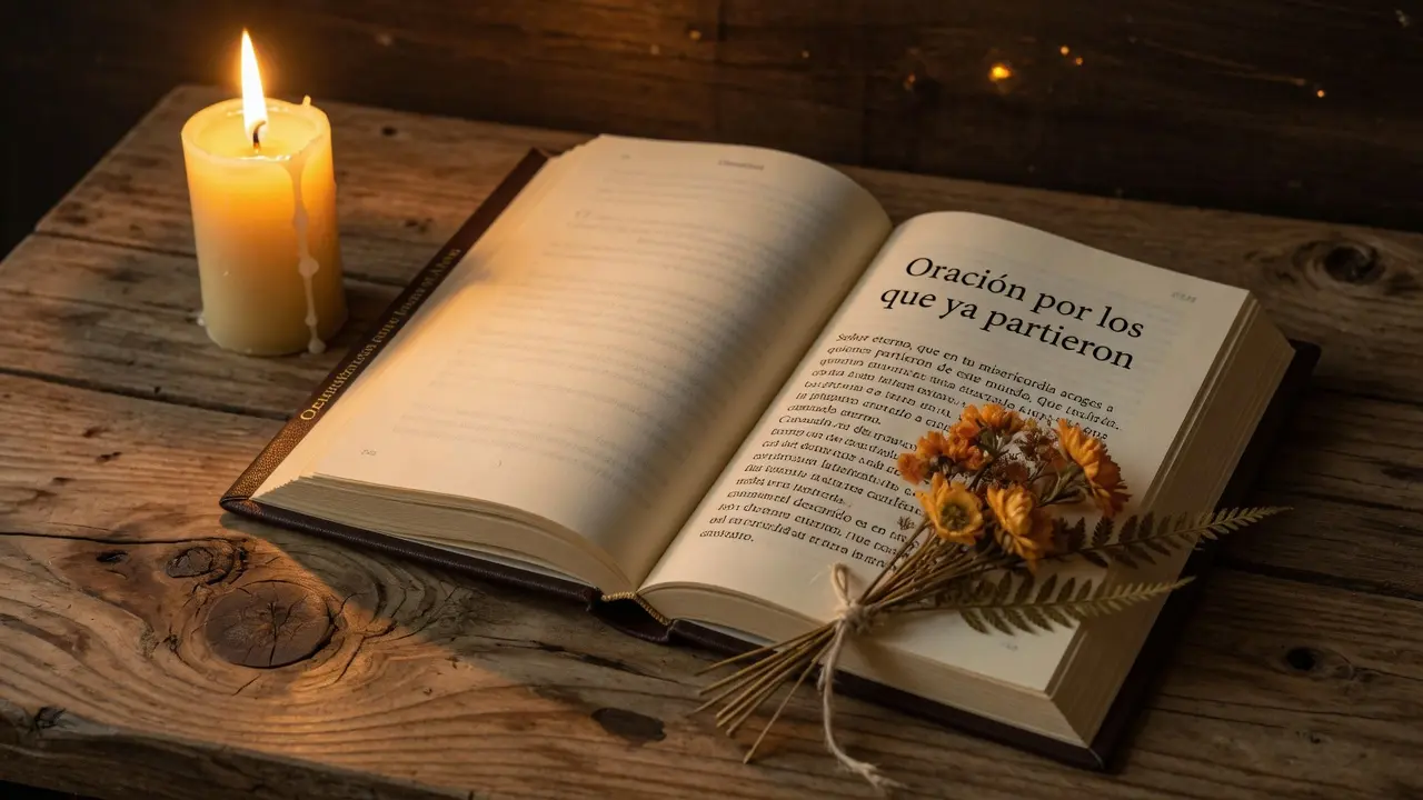 Libro de oraciones en español abierto en una página de plegaria por los difuntos, con el título visible que dice "Oración por los que ya partieron", una vela encendida al lado izquierdo proyectando luz dorada sobre las páginas, un pequeño ramo de flores secas apoyado sobre el libro, mesa de madera rústica, penumbra cálida alrededor, formato 16:9, atmósfera de regreso lento y confiado a la oración