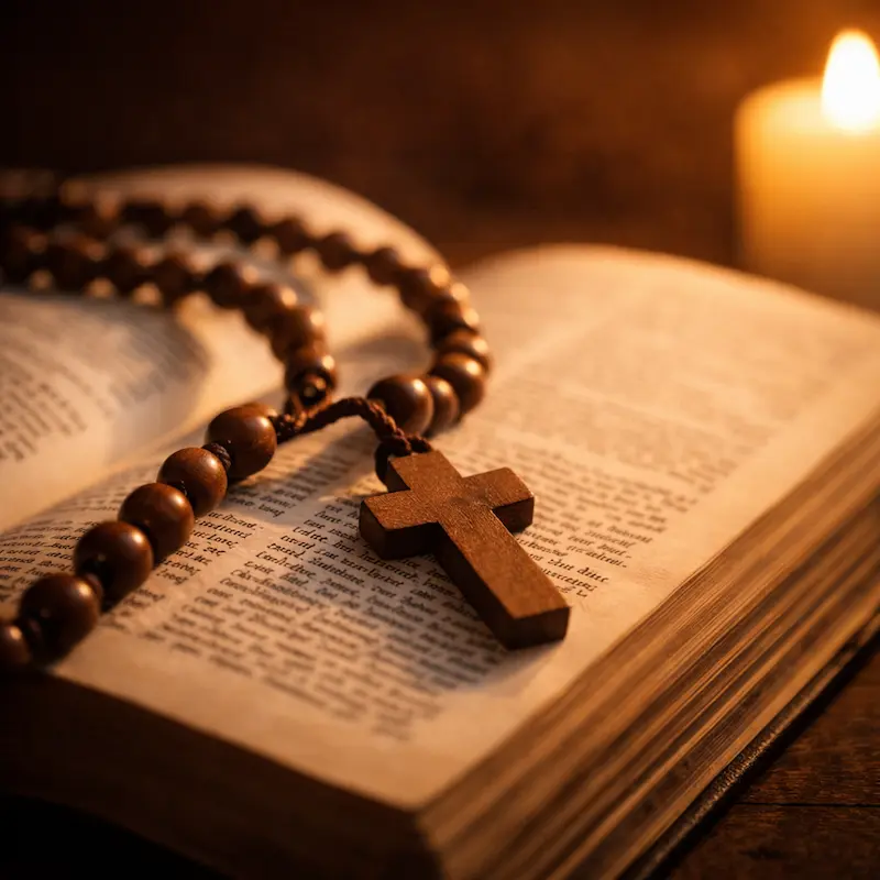 Rosario sobre la imagen de una Biblia abierta con luz dorada de vela, símbolo de la fe católica que ella transmitió a sus hijos desde pequeños