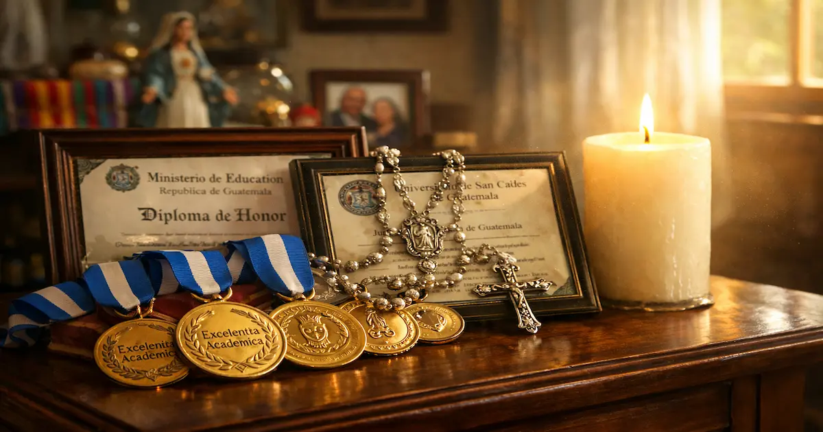 Medallas de honor y un Rosario sobre una mesa de madera, representando la excelencia de Pablo David.