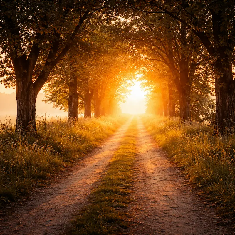 Camino rural al amanecer con árboles a los lados y luz dorada al fondo, símbolo del camino que un padre recorrió y del que sus hijos continúan