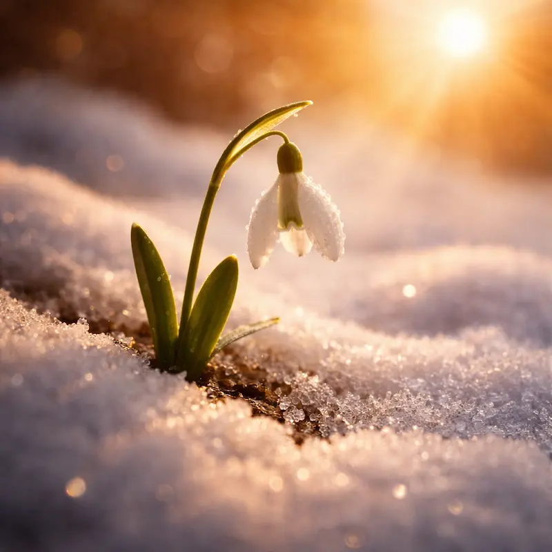 Amanecer lento sobre un campo con una sola flor en primer plano, símbolo de la vida que persiste después del invierno más largo