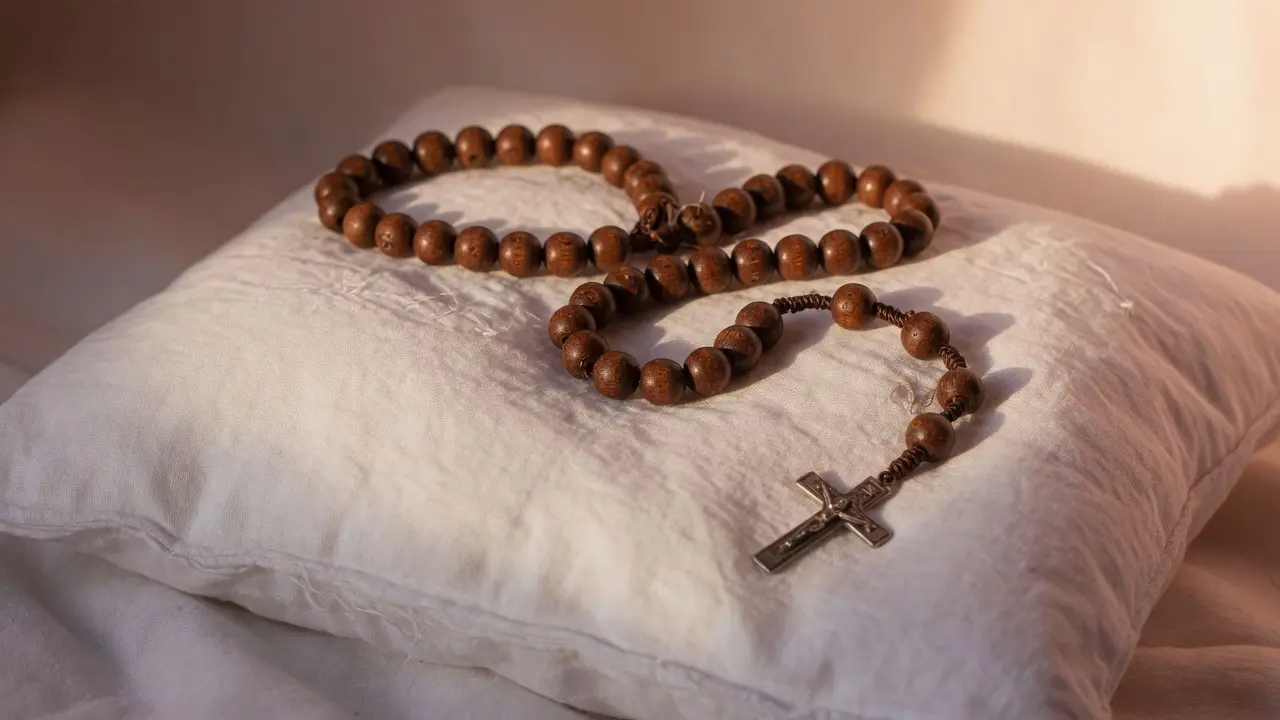 Rosario de cuentas gruesas de madera sobre una almohada de lino blanco, luz muy suave y cálida, penumbra tranquila, ambiente de descanso y entrega, formato 16:9