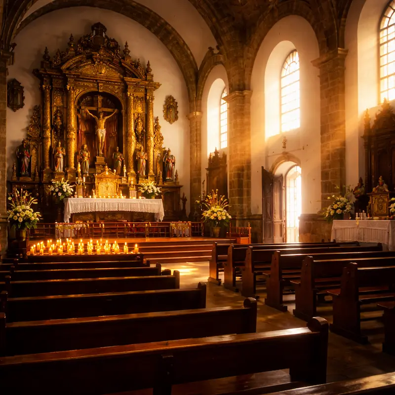 Interior de una iglesia guatemalteca con luz de velas al atardecer, espacio de oración donde la familia encontró refugio