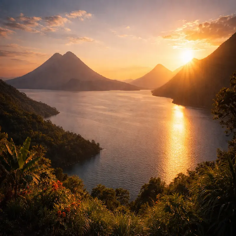 Amanecer sobre el lago Atitlán de Guatemala con colores dorados y celestes, símbolo de la belleza que persiste después de la noche