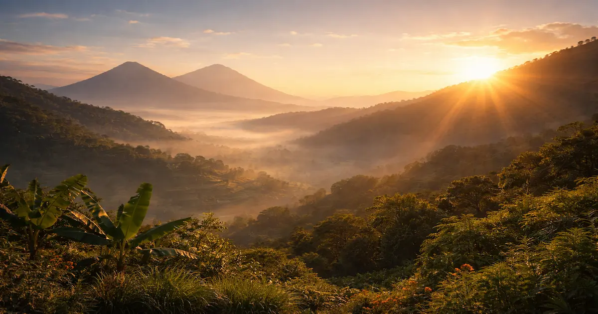 Luz dorada al amanecer sobre el paisaje de Guatemala, símbolo de la esperanza que nació de tres despedidas