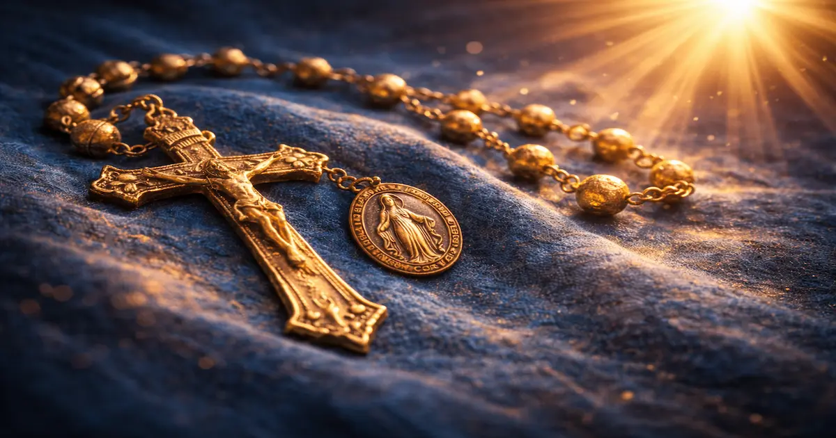 Rosario dorado sobre tela de color azul celeste con luz lateral suave, símbolo de los misterios gloriosos