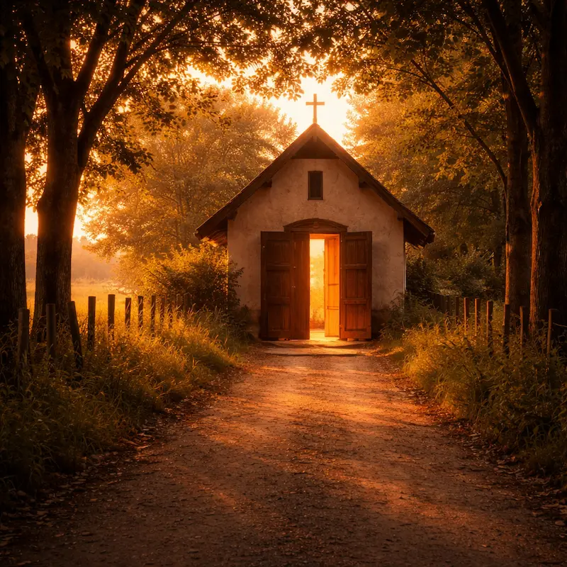 Camino rural al amanecer con luz dorada en el horizonte