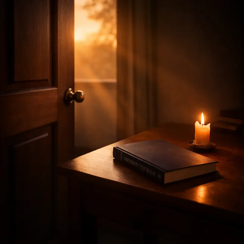 Luz dorada de amanecer sobre una mesa con Biblia y Rosario